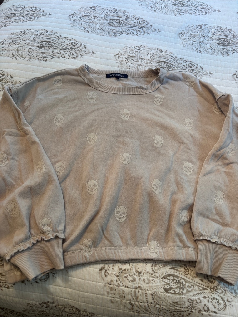 Ocean Drive Beige Crewneck Sweatshirt with Subtle Skull Motif